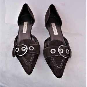 Brown suede slip ons with buckle pointy toe 6 1/2